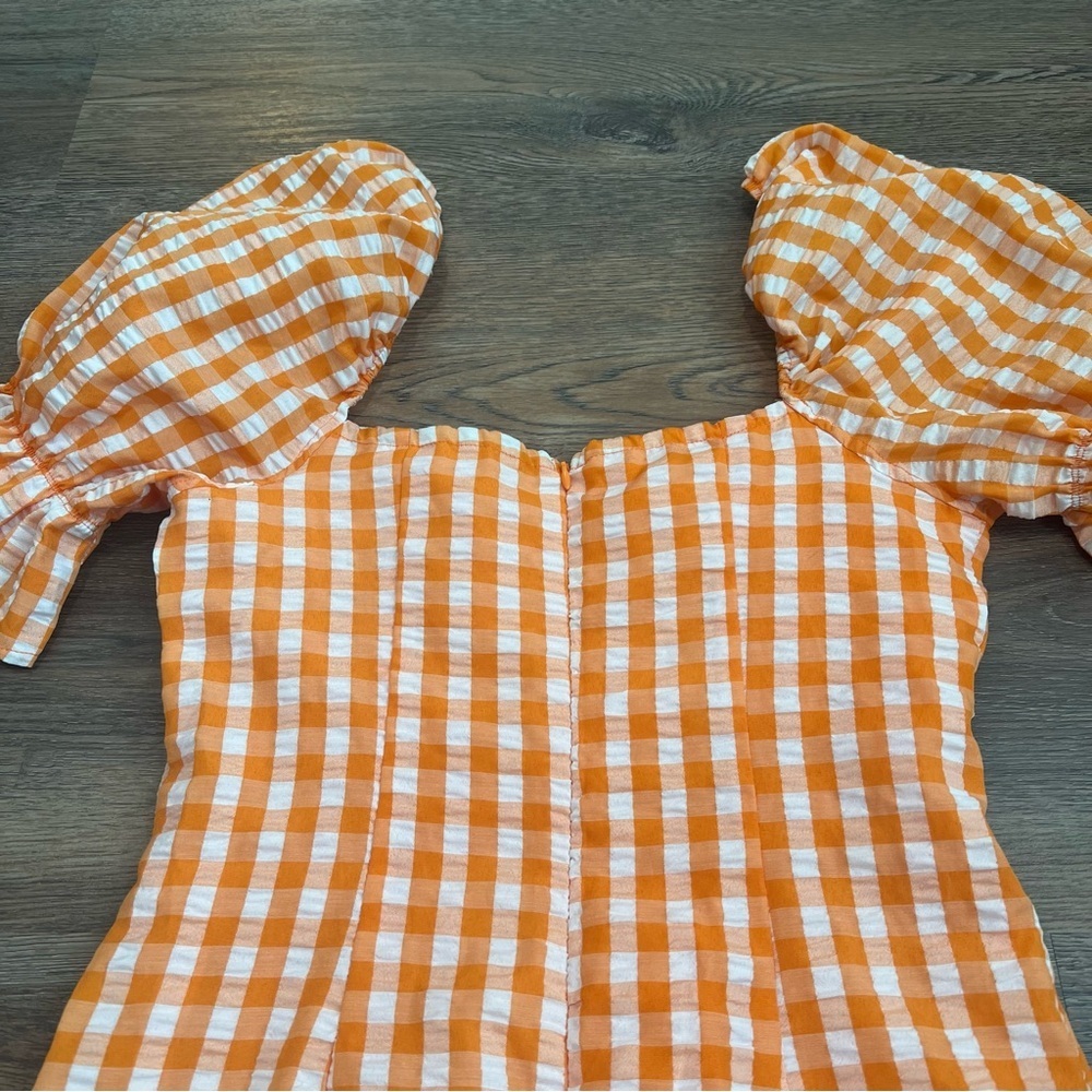 Orange Gingham Puff Sleeve Mini Dress Size Small Sweetheart Neck Boho Summer - Picture 6 of 9